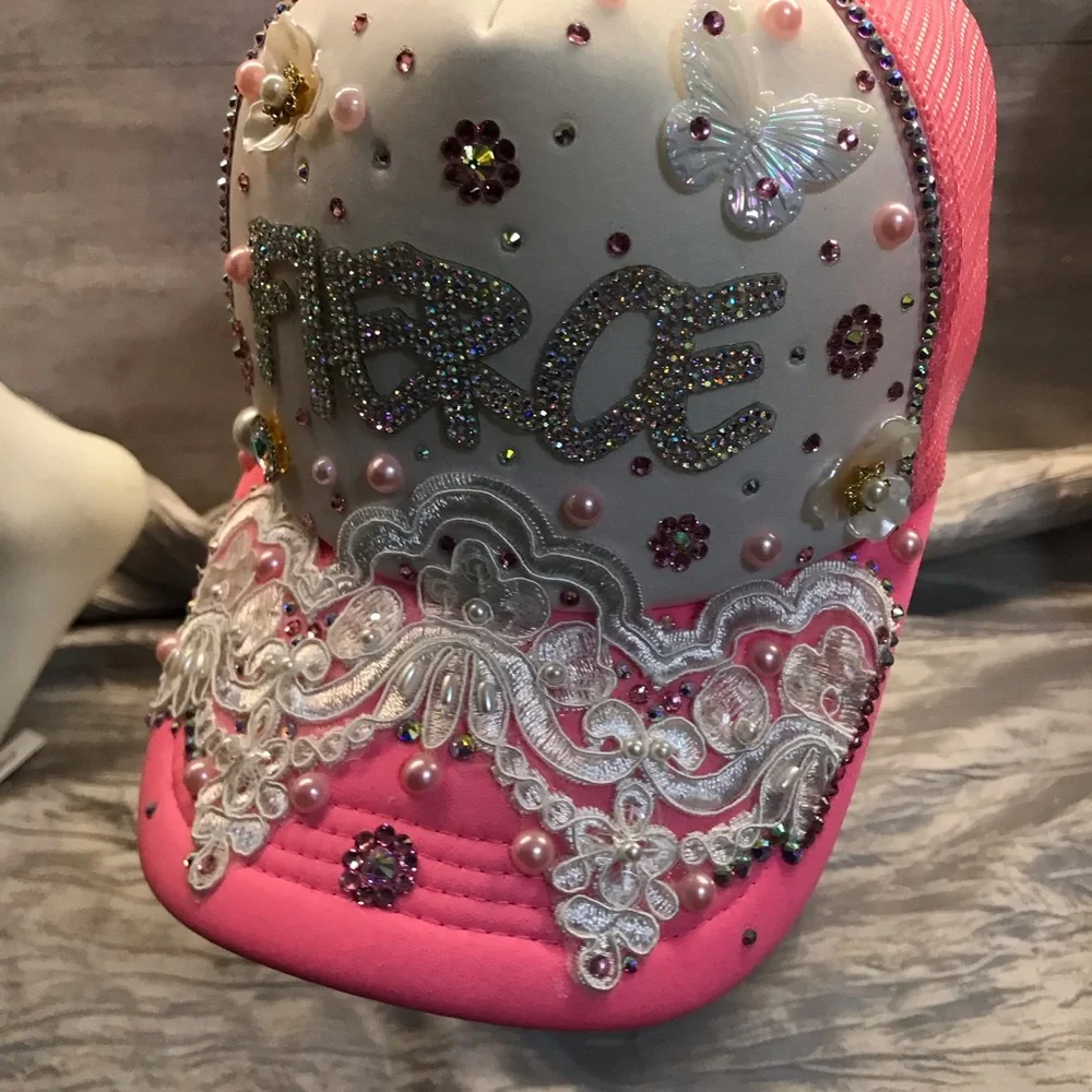 Embellished Pink and White Women’s Trucker Hat - Picture 10 of 11